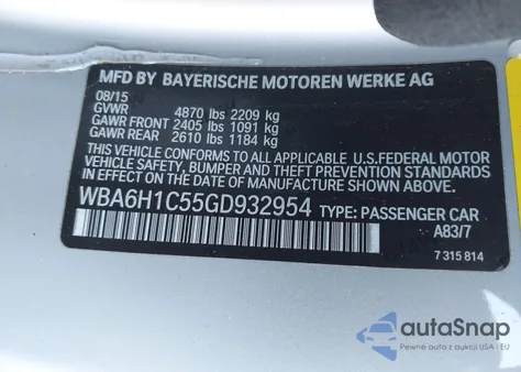 2016 BMW 640I из США, поврежденный, VIN WBA6H1C55GD932954